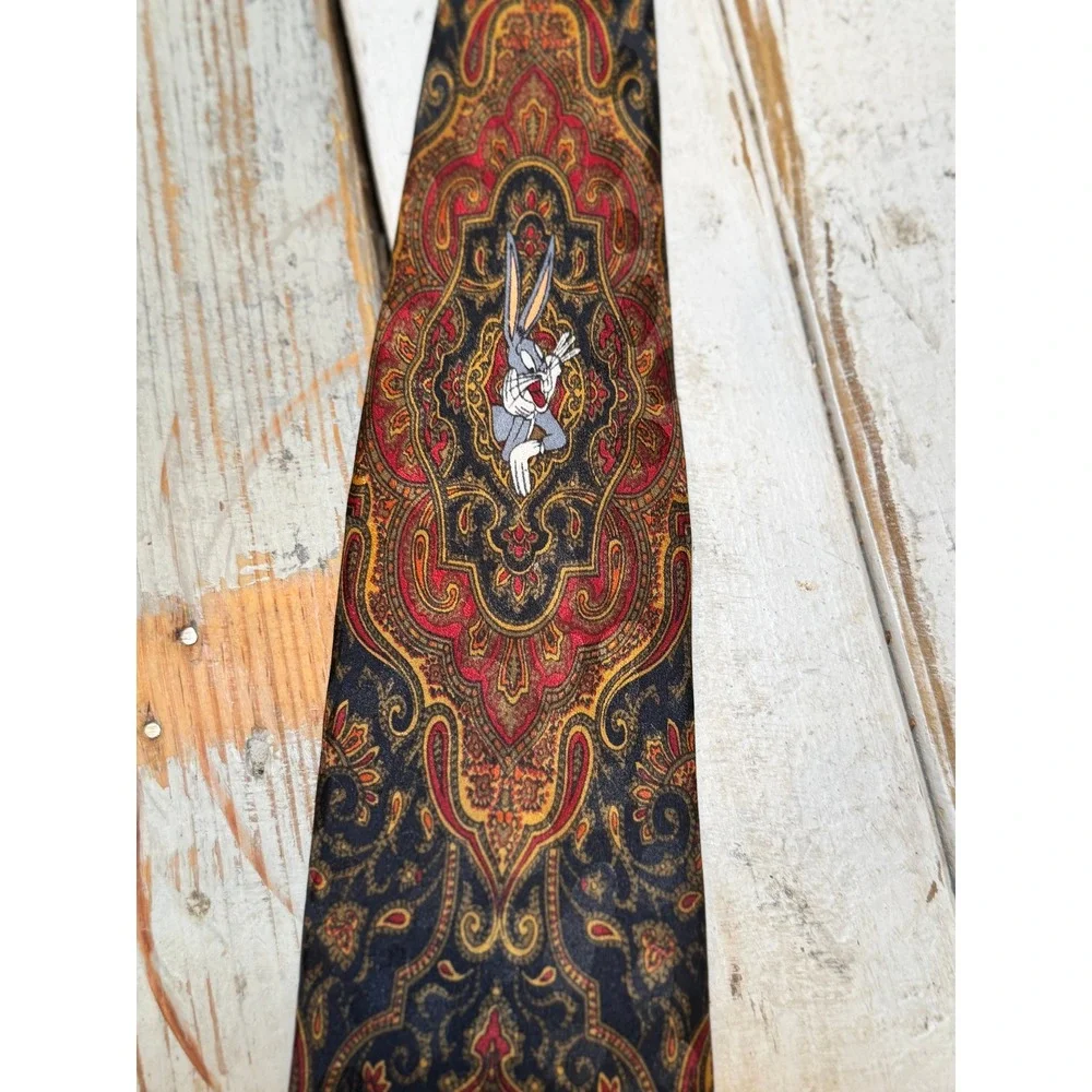 Vintage 1993 Looney Tunes Characters Mania Paisley Print 100% Silk Made in Korea